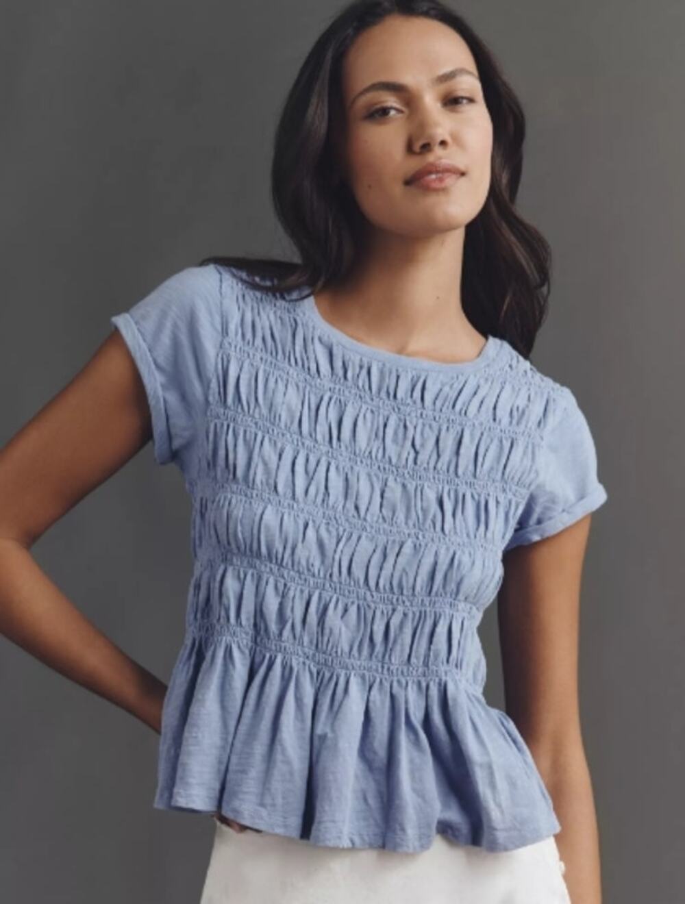 Pilcro Light Blue Smocked Short-Sleeve Peplum Top - Picture 1 of 7